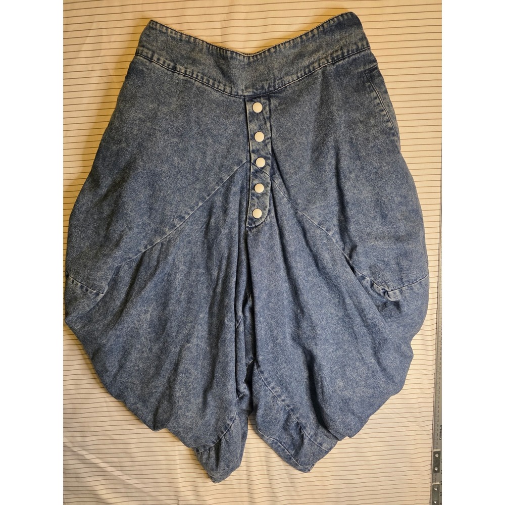 1295 Oceanus Blu Acid Wash Denim Harem Pants High Waist Draped Boho Vintage Med